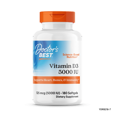 Doctor's Best Vitamin D3 5000IU, Non-GMO, Gluten Free, Soy Free, Regulates Immune Function, Supports Healthy Bones, 180 Softgels