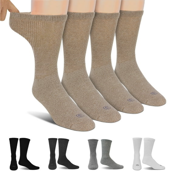 Doctor's Choice Diabetic Socks for Men and Women, Seamless Socks with Non Binding Top, 4 Pairs, Large Mens Shoe Size 8-12, Womens XL Shoe Size 10-13, Tan