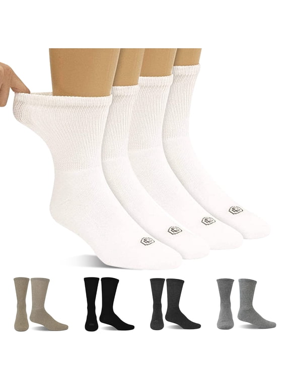 Diabetic Socks for Men, Seamless Socks with Non Binding Top, 4 Pairs, Extra Large Mens XL Shoe Size 12-15, White