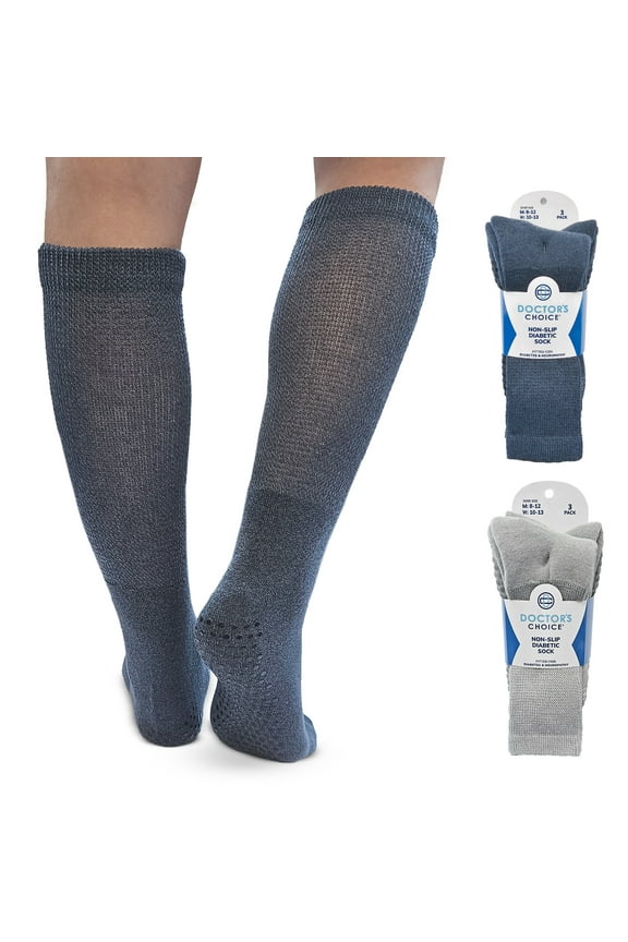 Gripper Socks, Non-slip Diabetic, Full Cushioned, Non-Binding, 3pk, Denim, Extra Large, Men's Shoe Size 12-15