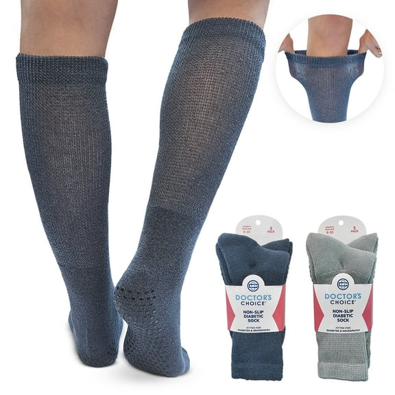 Doctor's Choice Gripper Socks, Non-slip Diabetic, Full Cushioned, Non-Binding, 3pk, Denim, Medium, Women's Shoe Size 6-10