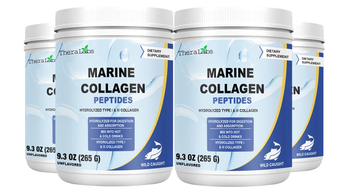 TheraLabs Marine Collagen Peptides 9.3oz (265g) Wild Caught Fish Hydrolyzed Type I & III Collagen - Kosher - Supports Healthy Skin, Nails & Hair - 26 Servings - 4PK