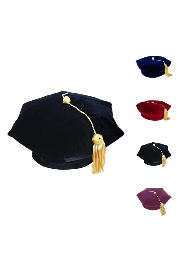 Doctoral Graduation Tam 6-Sided Doctorate Cap Phd Tam Hats with Gold Bullion Tassel