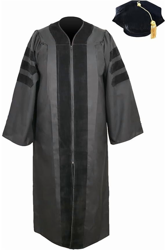 Doctoral Graduation Tam & Gown, Matte Fabric & Velvet, Gown & Tam