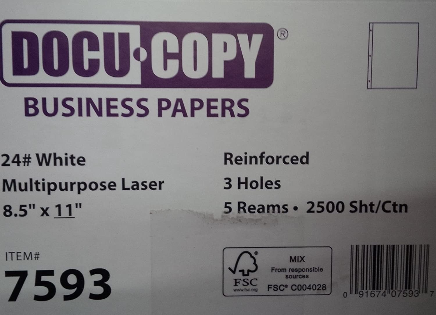 DocuCopy 24lb 8.5" x 11" Reinforced Business Paper 3-Hole - HO7593