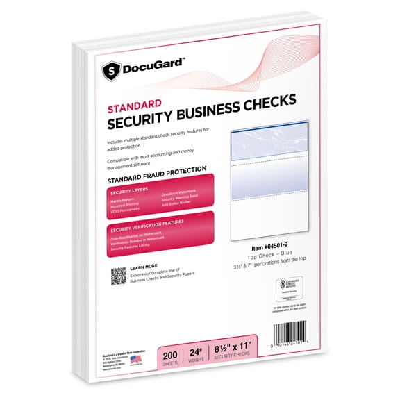 DocuGard Blank Business Checks, 8.5" x 11", Blue Marble Top, 200 Checks per Pack, 200 Sheets