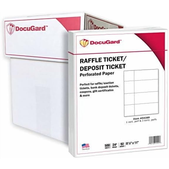 DocuGard Perforated Paper for Deposit Tickets, Raffle Tickets, and More, Tear-Away Stubs, 8.5 x 11, 24 lb, 4 Perfs, 500 Sheets, White (04289) (Pack of 5)$$Office