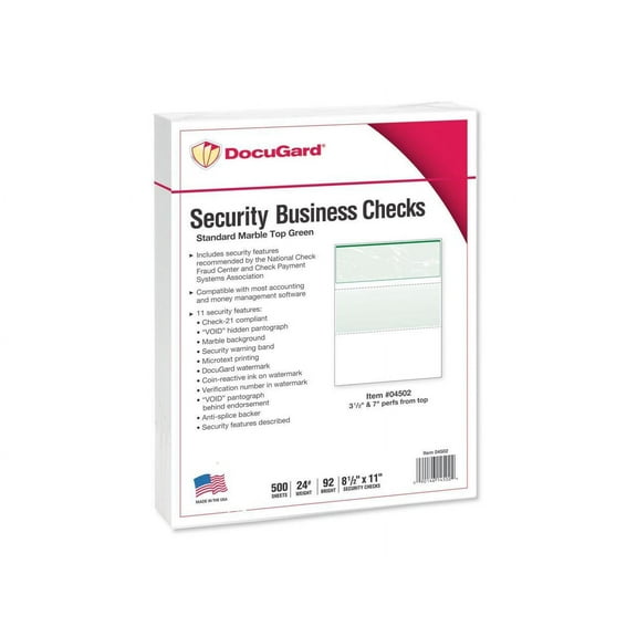 DocuGard Standard Security Check, 11 Features, 8.5 x 11, Green Marble Top, 500/Ream