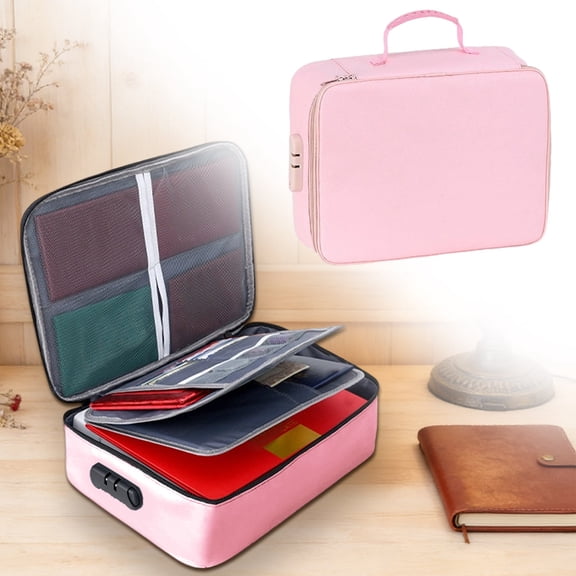 Document Bag with Lock, Fireproof 3-Layer File Storage Case with Water-Resistant Zipper, Safe and Portable Travel Home Document Organizer Bag for Laptop, Files, Certificates, Pink