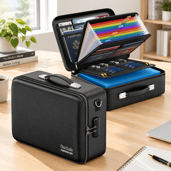 Document Box Hard Case With Lock & Accordion File Folder