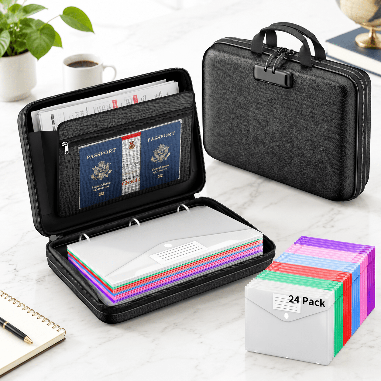 Letter Epaper Size Document Organizer Box with Lock, 24 Assorted Color Binder Pockets for ...