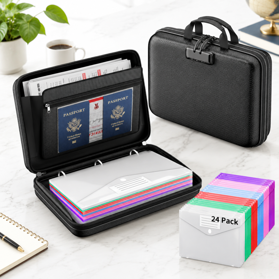 Document Organizer Box with Lock, 24 Assorted Color Binder Pockets for Letter-Size Paper