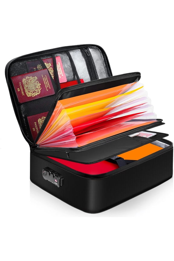 Document Organizer with Lock,15"x11"x4.3" Waterproof and Fireproof Document Box,Portable Home Travel Safe Storage Box for Important Documents,File and Birth Certificate