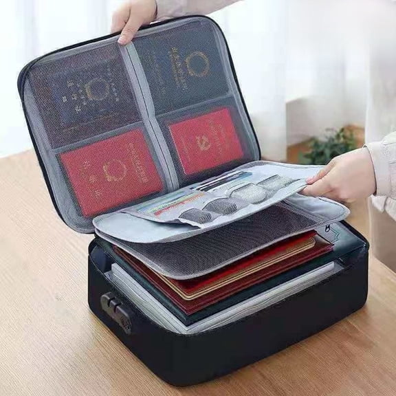 Document Organizer with Safe Code Lock, Waterproof Storage Pouch Credential Bag Diploma Storage Important Document and File Pocket, Bank Cards Valuables Travel Bag with Separators (Black)