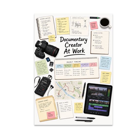 Documentary Creator At Work Poster, Documentary Filmmakers, Classrooms, Studios, and Creative Workspaces, 13x19 Glossy Paper