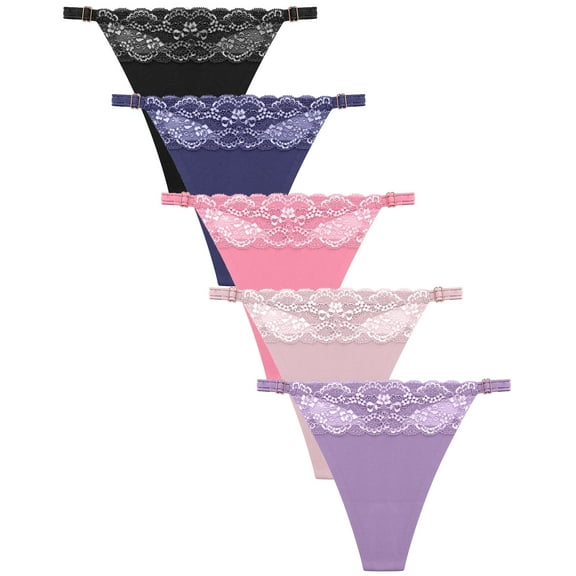 Dodder 6 Pack Seamless Thong for Women No Show Stretch Underwear Lace Hipster Invisible Cheeky Adjustable Panties S-XL