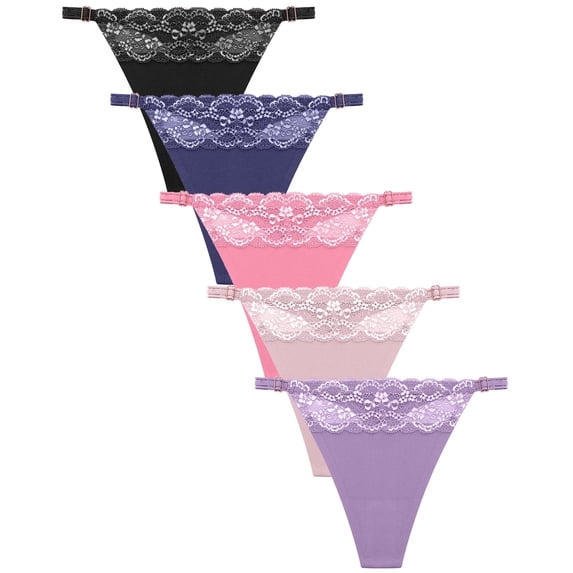 CuteByte 6 Pack Seamless Thong for Women No Show Stretch Underwear Lace Hipster Invisible Cheeky Adjustable Panties S-XL