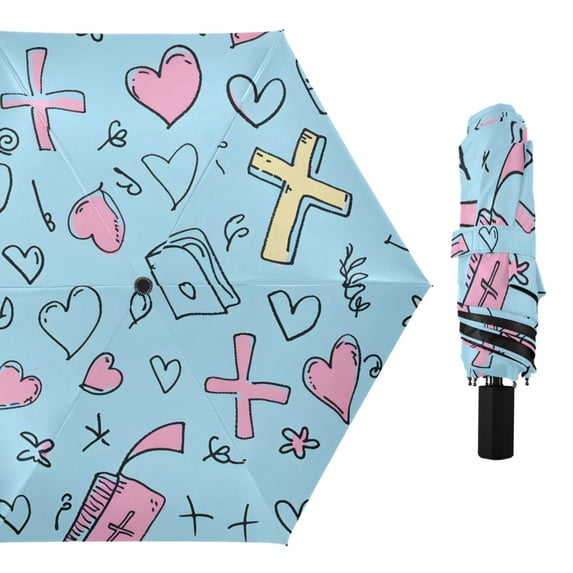 Doddle Crosses Bibles Hearts All Weather Umbrella Triple Folding Parasol 6 Ribs UV Protection Portable
