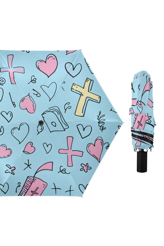 Doddle Crosses Bibles Hearts All Weather Umbrella Triple Folding Parasol 6 Ribs UV Protection Portable