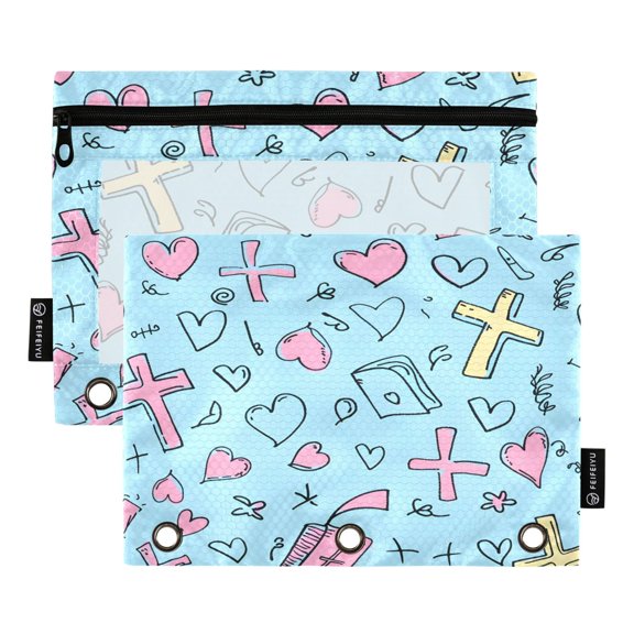 Doddle Crosses Bibles Hearts Binder Pouches Zipper Pocket Document Storage 3 Rings 2 Packs A5 Size