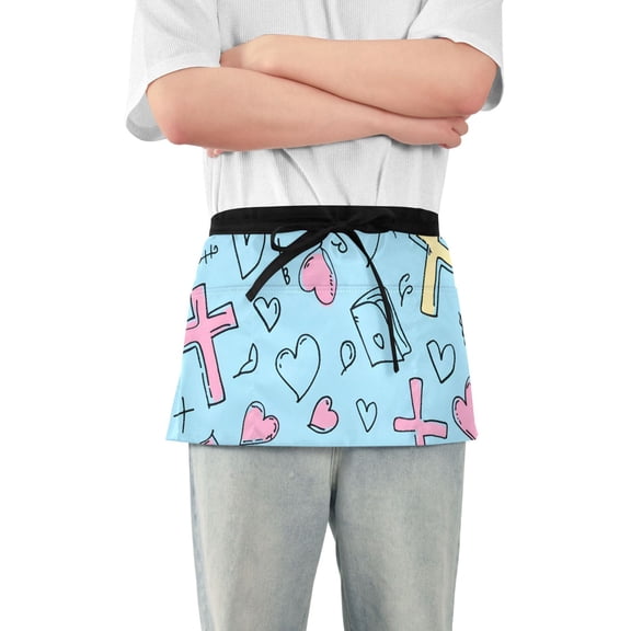 Doddle Crosses Bibles Hearts Short Server Apron with 3 Pockets for Unisex Chef Gardening
