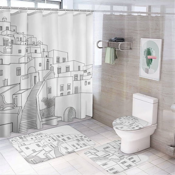 Dodecanese Islands Greek 4 Pcs Bathroom Shower Curtain Set, Bathroom Sets with Rugs (Bath Mat, U Shape and Toilet Lid Cover Mat) and 12 Hooks,