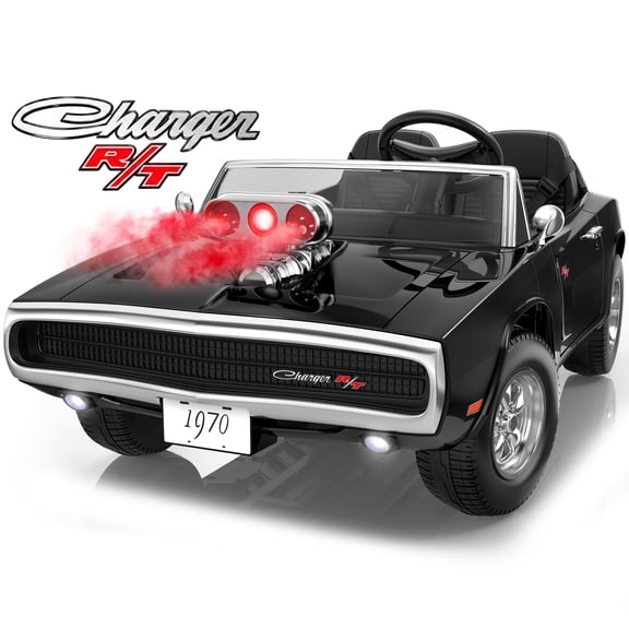 Dodge 24V 2 Seater Ride on Car with Remote Control/Bluetooth, Dodge Charger R/T 1970 Battery Powered Ride on w/4-Wheel Suspension, Electric Car for Kids Toddler, Black