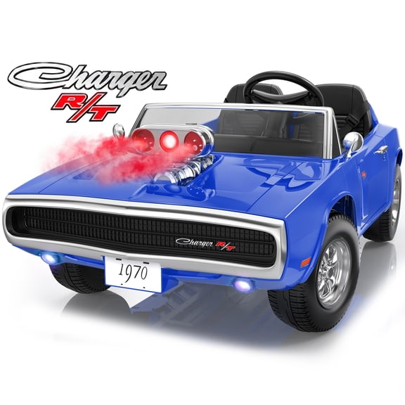 Dodge 24V 2 Seater Ride on Car with Remote Control/Bluetooth, Dodge Charger R/T 1970 Battery Powered Ride on w/4-Wheel Suspension, Electric Car for Kids Toddler, Blue