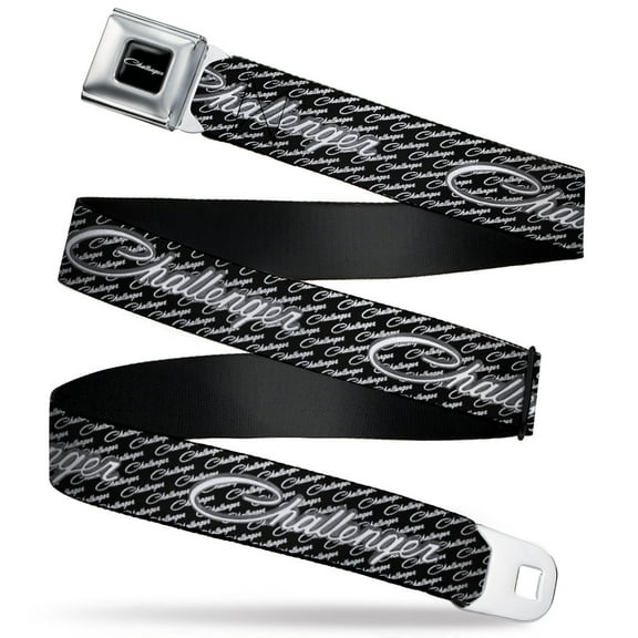 Dodge Belt, Seatbelt Buckle Belt, Challenger Repeat Text Black White, 30 to 44 Inches