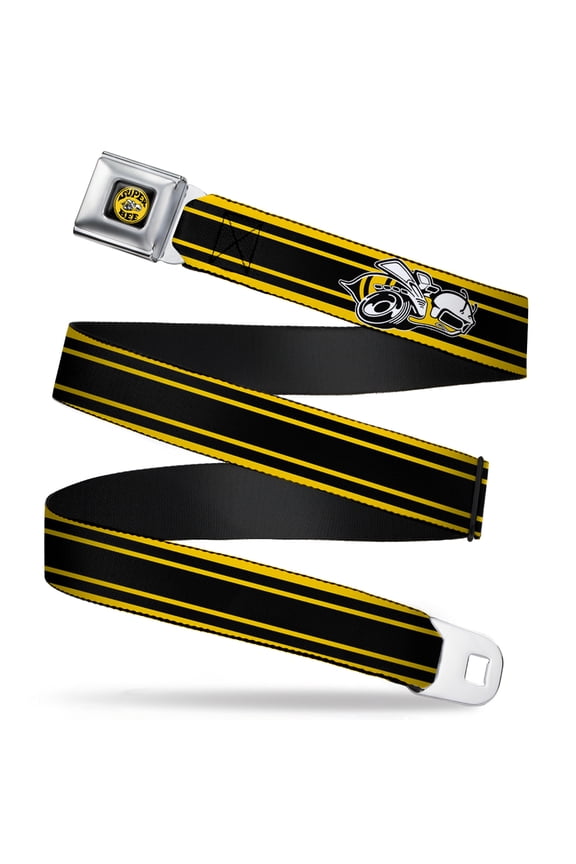 Dodge Belt, Seatbelt Buckle Belt, Super Bee Logo Stripes Black Yellow White, 30 to 44 Inches