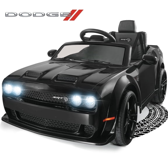 Dodge Challenger 12V Ride On Car, Battery Electric Car for Ages 3+ Kids, Licensed SRT Hellcat Ride On Toys with Remote Control, LED Lights, USB, Bluetooth Music, Black