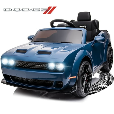 Dodge Challenger 12V Ride On Car, Battery Electric Car for Ages 3+ Kids, Licensed SRT Hellcat Ride On Toys with Remote Control, LED Lights, USB, Bluetooth Music, Blue