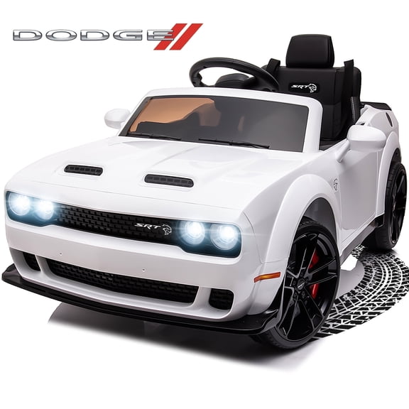 Dodge Challenger 12V Powered Ride On Car, Electric Car for Ages 3+ Kids, Licensed SRT Hellcat Ride On Toys with Remote Control, LED Lights, USB, Bluetooth Music, White