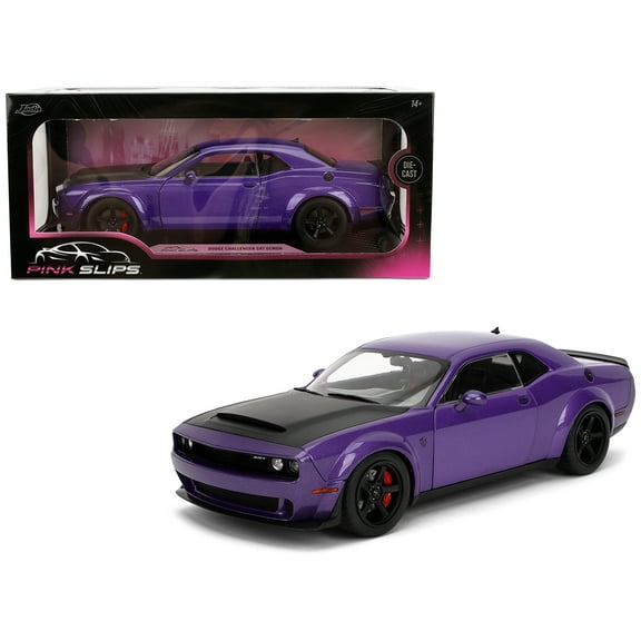 Dodge Challenger SRT Demon Purple Metallic with Matt Black Hood "Pink Slips" Series 1/18 Diecast Model Car by Jada