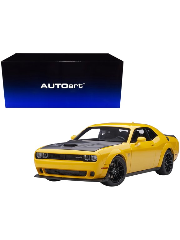 Dodge Challenger SRT Hellcat Widebody Yellow Jacket with Satin Black Hood 1 18 Model Car by Autoart