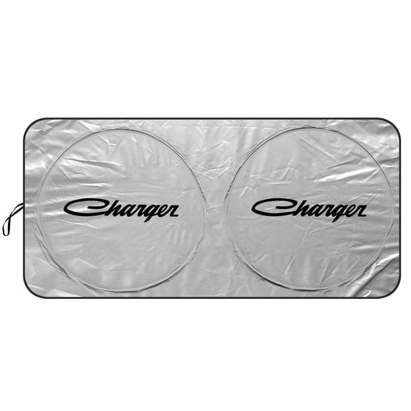Dodge Charger Classic Logo Universal Fit One-Piece Easy Folding Silver Reflective Fabric Windshield Sun Shade (size: 64"x 32")