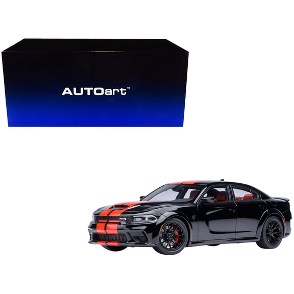 Dodge Charger SRT Hellcat Redeye Pitch Black with Red Stripes and Interior 1/18 Model Car by Autoart