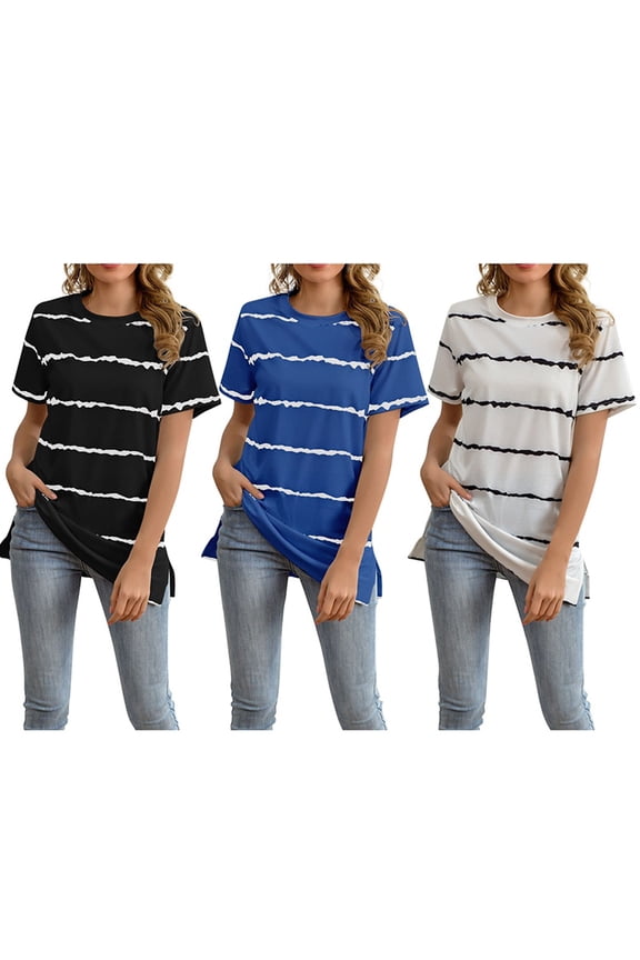 Women Short-Sleeved Round Neck Top Stripe T-shirt Casual Loose Tops Tee