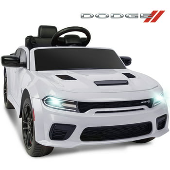 Dodge Electric Ride on Cars for Kids, 12 V Licensed Dodge Charger SRT Powered Ride On Toys Cars with Parent Remote Control, Electric Car for Girls 3-5 w/Music Player/LED Headlights/Safety Belt, White
