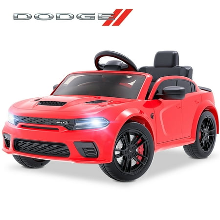 iYofe Dodge Electric Ride on Cars for Kids, 12V Licensed Dodge Charger SRT Hellcat Powered Ride On Toys with Parent Remote Control, Electric Car for Girls Boys 3-5 w/Music Player/LED Lights, Red