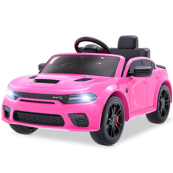 iYofe Dodge Electric Ride on Cars for Kids, 12V Licensed Dodge Charger Srt Hellcat Powered Ride on Toy with Parent Remote Control, Electric Car for Girl 3-5 w/Music Player/LED Light/Safety Belt, Pink