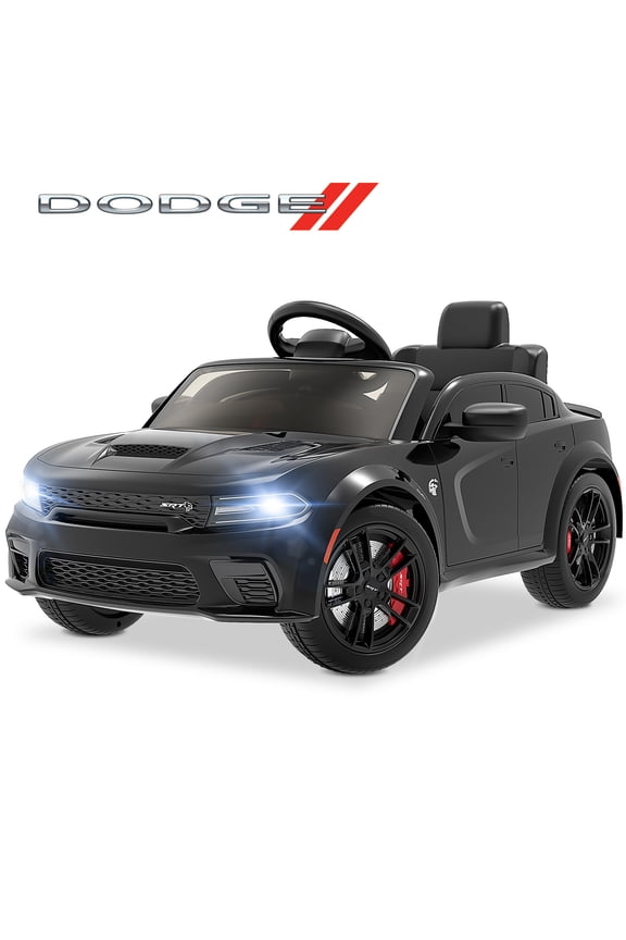 Dodge Electric Ride on Cars for Kids, 12V Licensed Dodge Charger Srt Hellcat Powered Ride on Toy with Parent Remote Control, Electric Car for Boy 3-5 w/Music Player/LED Light/Safety Belt, Black