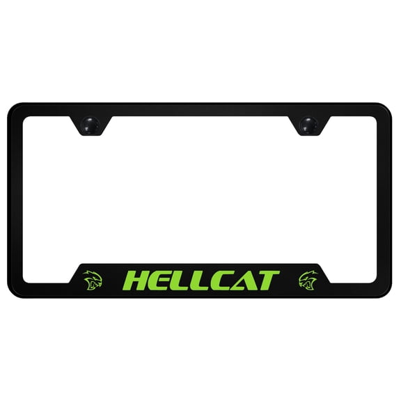 Hellcat (Green) Notched License Plate Frame Logo on Black Polycarbonate