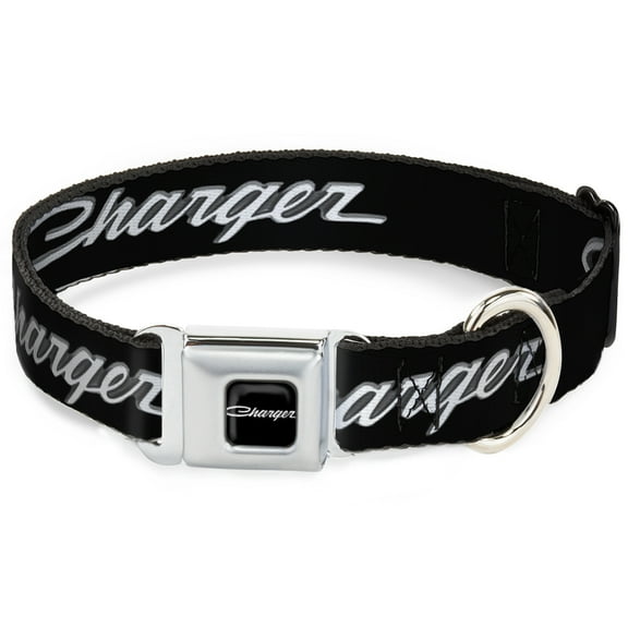 Dodge Pet Collar, Dog Collar Metal Seatbelt Buckle, Charger Script Emblem Corner Black Silver Fade White, 20 to 31 Inches 1.5 Inch Wide