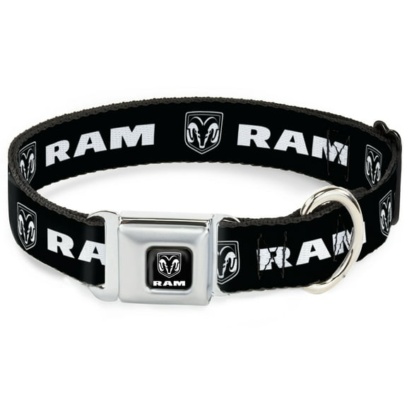 Dodge Pet Collar, Dog Collar Metal Seatbelt Buckle, Ram Shield Logo Bold Text Black White, 16 to 23 Inches 1.5 Inch Wide