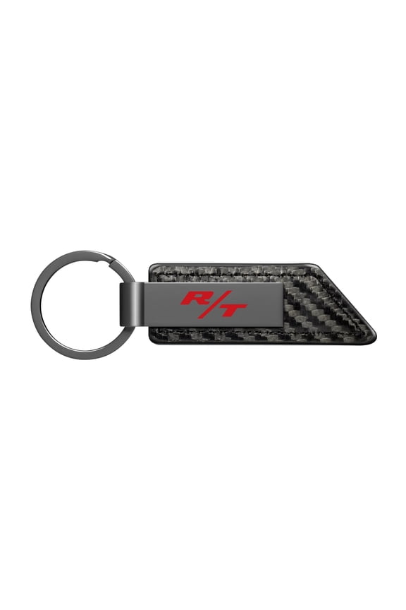 Dodge R/T Logo Gunmetal Black Gray Metal Plate Carbon Fiber Texture Leather Key Chain