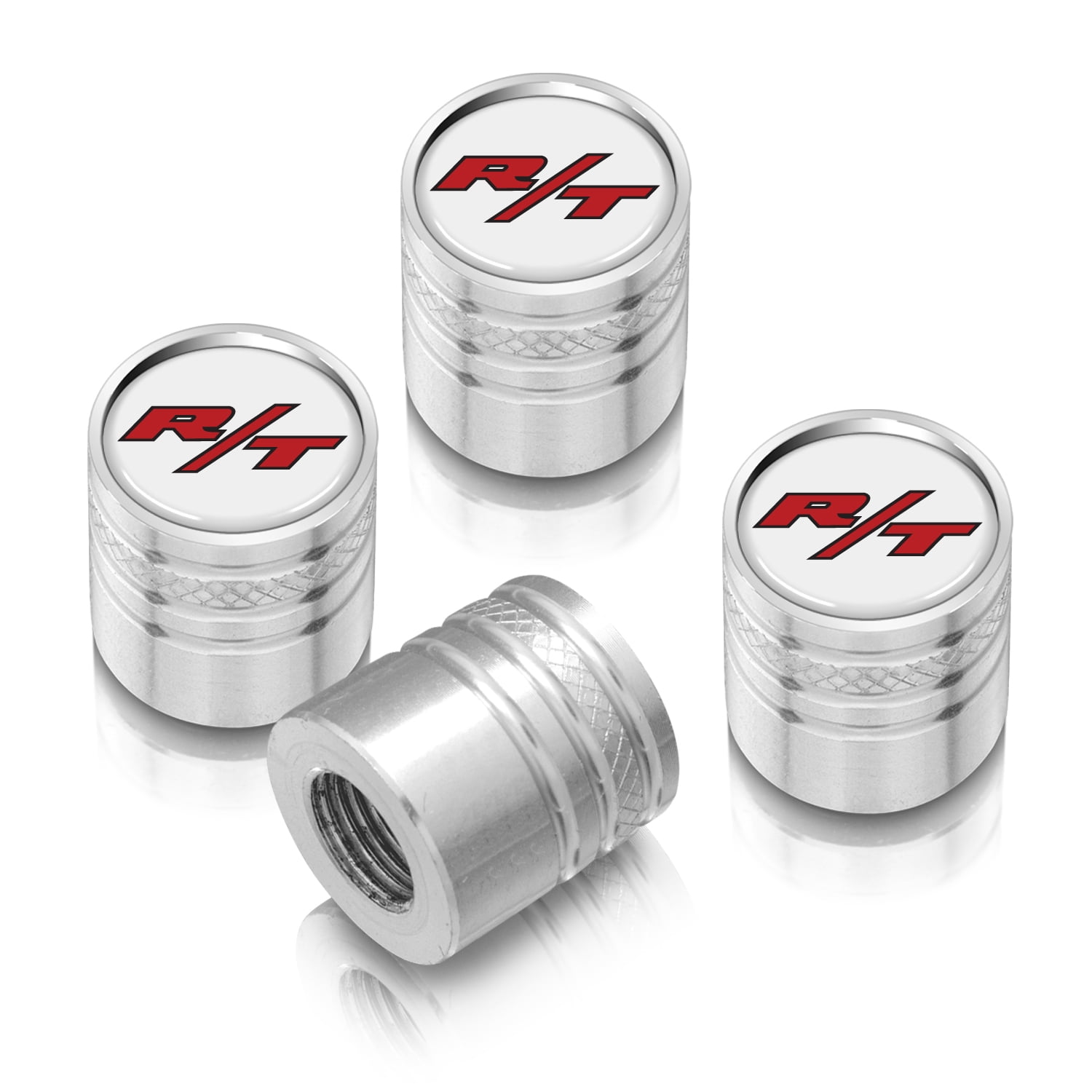 Dodge R/T Logo White on Silver Aluminum Cylinder-Style Tire Valve Stem Caps