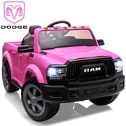 Dodge RAM 2500 Ride On Car for Kids, 12V Powered Ride on Toy with Remote Control, Rear Wheel Suspension, 5 Point Safety Harness, Bluetooth, LED Lights, Electric Vehicles for 3-6 Year Boys Girls, Pink