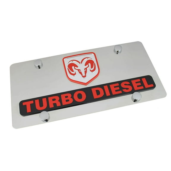 Dodge Ram Dual Logo Turbo Diesel License Plate (Red on Chrome)
