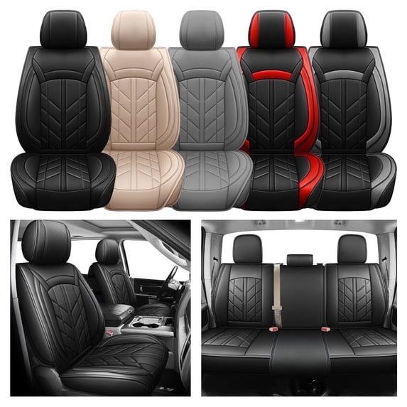 Dodge Ram Truck 1500/2500/3500 2009-2023, Black, PU Leather, Cushion Protector, Full Set Seat Covers
